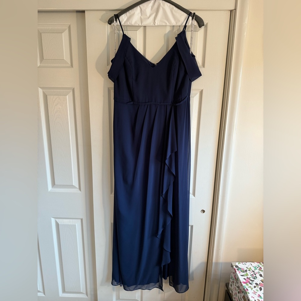 David's Bridal Blue Chiffon Bridesmaid Maxi Dress Size 14 Off Shoulder Ruffle
